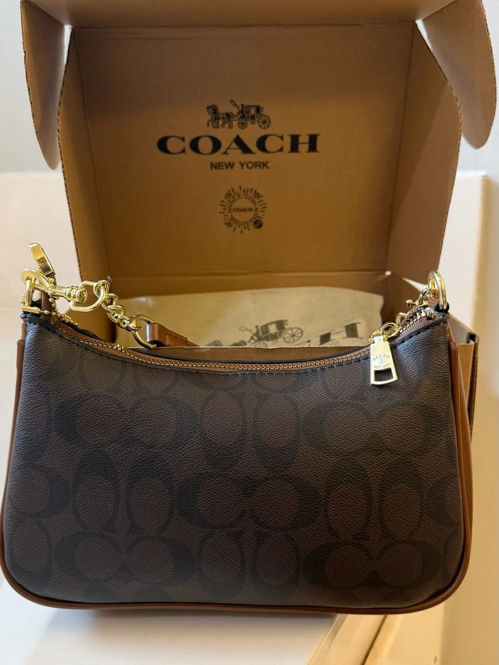 Coach Brown Leather Wristlet with Gold Hardware